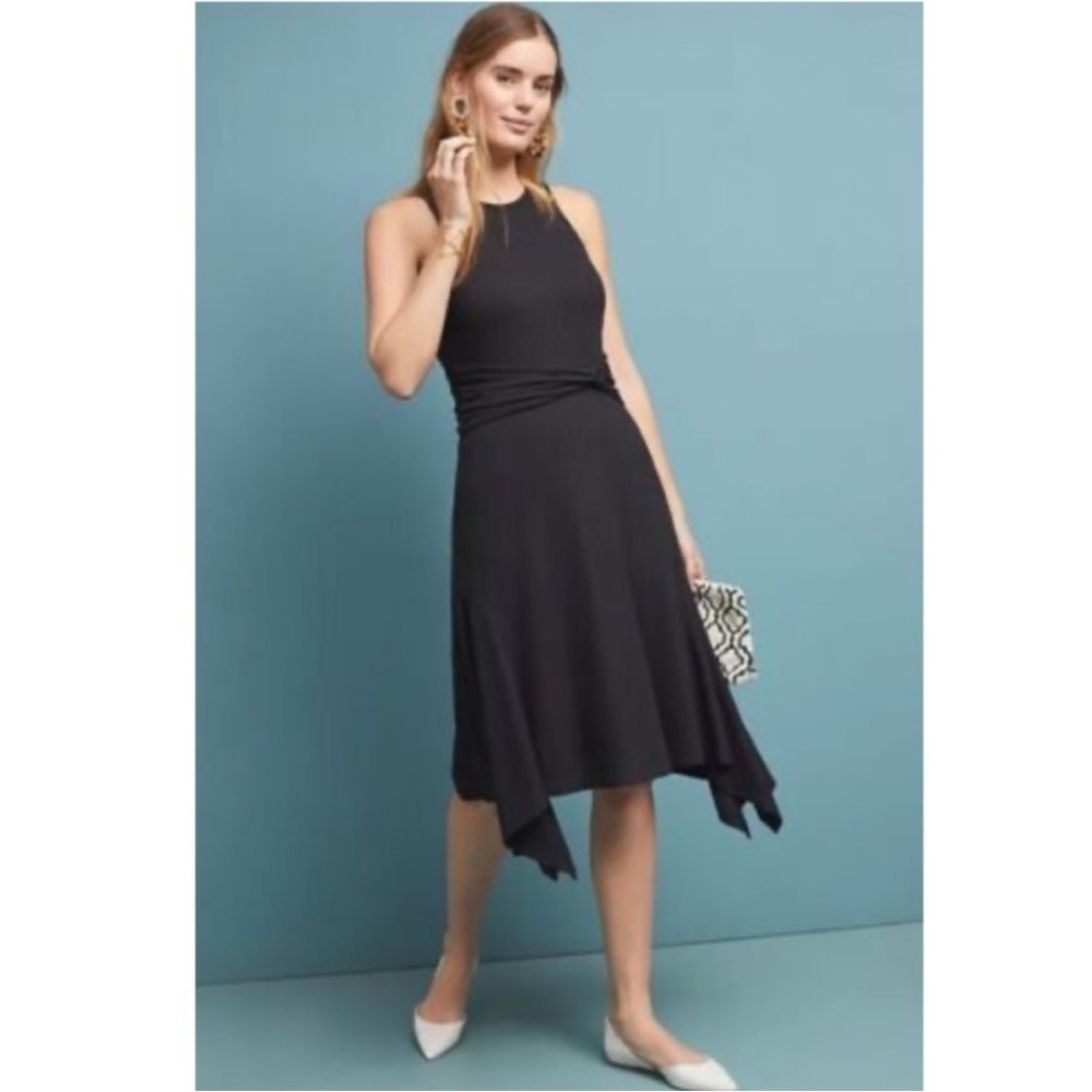 Anthropologie Kingsolver Ribbed Black Asymmetrical Midi Dress